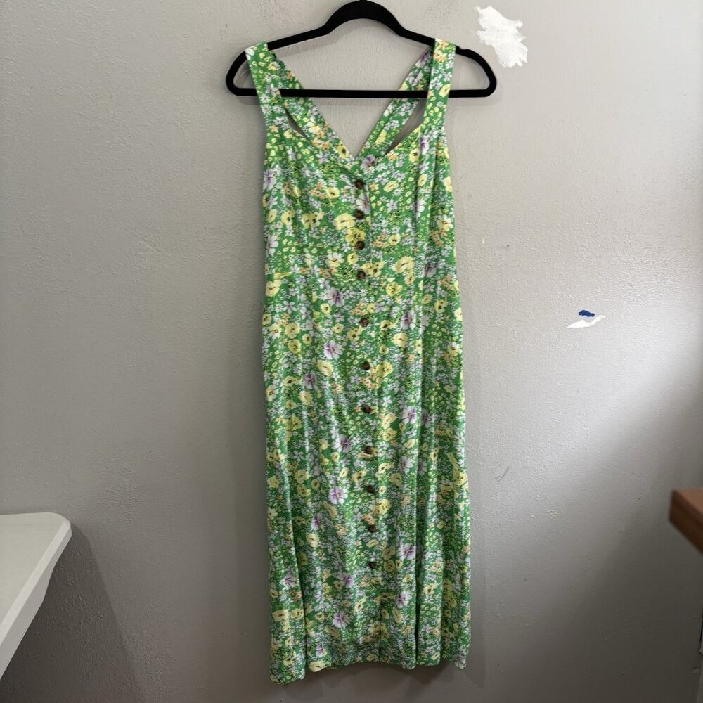 Loft Crossed Back Midi Floral Green  Dress Button Down Size 4